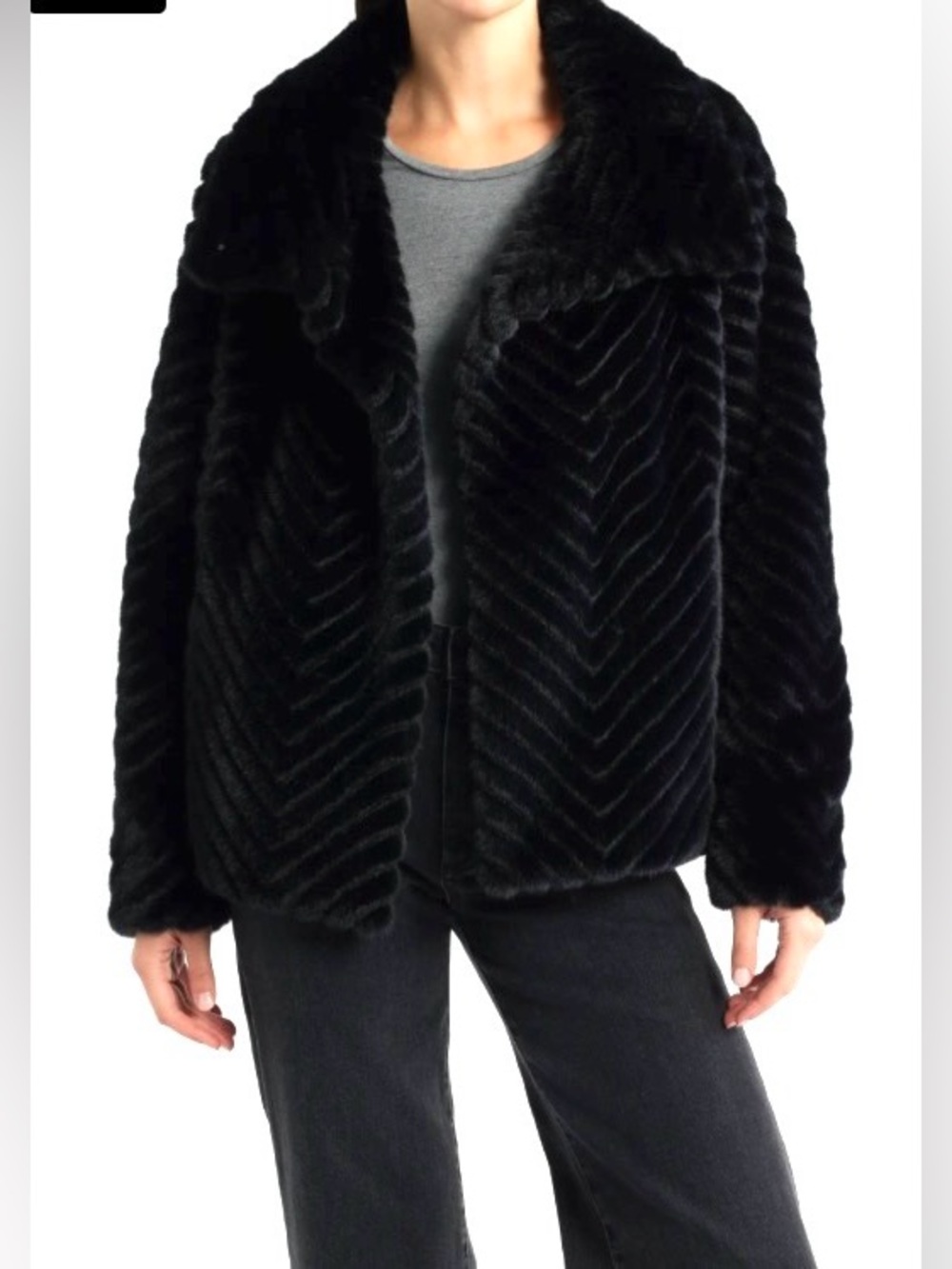 Bernardo Chevron Quilted Faux Fur Jacket Black M